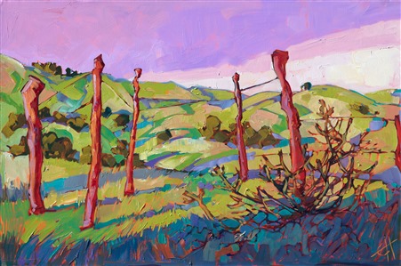 The first time Hanson saw Paso Robles in the spring, she fell in love with the bright, apple-green slopes of grass, the tangled oak trees, and the crooked fences.  This painting was inspired by that first springtime encounter with central California's wine country.

This painting was created on 1-1/2" canvas, with the painting continued around the edges.  It has been framed in a gold floater frame.

This painting was included in the exhibition <i><a href="https://www.erinhanson.com/Event/ContemporaryImpressionismatGoddardCenter" target="_blank">Open Impressionism: The Works of Erin Hanson</i></a>, a 10-year retrospective and study of the development of Open Impressionism.

