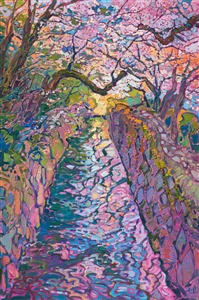 The Philosopher's Path in Kyoto, Japan, is a winding path of stepping stones next to a cobblestone-lined streambed. This painting captures the beauty of cherry blossoms (sakura in Japanese) with thick, impressionistic brushstrokes and expressive color.