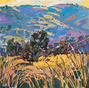 Summer golds and greens stand out in bold contrast against the lavender and blue hillsides in the distance. This painting captures the beautiful landscape near Alpine, Texas, in Big Bend Country.

This painting will be on display at the Museum of the Big Bend, during the solo exhibition <i><a href="https://www.erinhanson.com/Event/MuseumoftheBigBend" target="_blank">Erin Hanson: Impressions of Big Bend Country.</a></i> This painting will be ready to ship after January 10th, 2019. <a href="https://www.erinhanson.com/Portfolio?col=Big_Bend_Museum_Show_2018">Click here</a> to view the collection.

This painting has been framed in a custom-made gold frame. The painting arrives ready to hang.