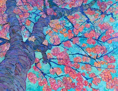 This large-scale oil painting by Erin Hanson captures the vibrant beauty of cherry blossoms in spring. The brush strokes are thick and expressive, capturing the light of the golden hour with an impressionistic eye.

"Cherry in Bloom" is an original oil painting on a 2-inch deep stretched canvas. The piece is 80 inches tall and 100 inches wide, and the museum-depth sides of the painting are painted "wrap-around style," so the piece can hang without a frame.