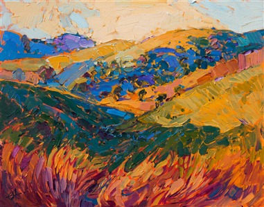Vibrant color comes alive with warm energy in this small oil painting of California wine country.  This painting of Paso Robles captures the smoothly rolling hills and rounded oak trees present in this region.  The brush strokes are loose and impressionistic, creating a sense of motion through the painting.

This painting was done on 3/4"-deep stretched canvas.  It has been framed in a classic plein air frame and arrives ready to hang.