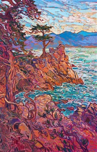 Burgundy hues reminiscent of a glass of wine swirl through this painting of Lone Cypress in Carmel-by-the-Sea. Impasto brushstrokes of oil paint capture the movement and warm colors of the scene. This classic view of the Monterey Peninsula brings the beauty of the California coast into your home.

"Cypress in Burgundy" is an original oil painting on stretched canvas. The piece arrives framed in a wooden floater frame finished in burnished gold leaf.