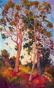 Winding branches of California eucalyptus trees entwine together, forming a beautiful abstract shape of color and lines.  This painting uses contrasting color, thickly applied oil paint, and loose brush strokes to capture the emotion and movement of these beautiful trees.

This painting was created on a gallery-depth canvas with the painting continued around the edges. The painting will arrive in a beautiful gold floater frame, wired and ready to hang. 

Exhibited: <a href="http://westernmuseum.org/cowgirl-up/about//"><i>Cowgirl Up! Art from the Other Half of the West</i></a>, Desert Caballeros Western Museum, Wickenburg, AZ, 2016.

