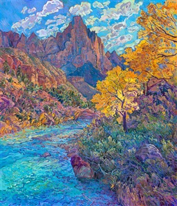 The Watchman at Zion National Park stands tall over the turquoise waters of the Virgin River. The red rock cliffs are painted with thick, buttery strokes of oil paint. The impressionist colors gleam and glisten in scintillating movement upon the canvas, capturing the transient beauty of southern Utah at peak fall color.

<b>Note:
"Autumn Wash" is available for pre-purchase and will be included in the <i><a href="https://www.erinhanson.com/Event/SearsArtMuseum" target="_blank">Erin Hanson: Landscapes of the West</a> </i>solo museum exhibition at the Sears Art Museum in St. George, Utah. This museum exhibition, located at the gateway to Zion National Park, will showcase Erin Hanson's largest collection of Western landscape paintings, including paintings of Zion, Bryce, Arches, Cedar Breaks, Arizona, and other Western inspirations. The show will be displayed from June 7 to August 23, 2024.

You may purchase this painting online, but the artwork will not ship after the exhibition closes on August 23, 2024.</b>
<p>