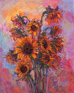 Orange-colored sunflowers are beautifully portrayed in vivid color and expressive movement in this painting.  The colors seem to vibrate with life and energy as the eye roams about the piece.  The thickly textured brush strokes of oil paint stand away from the canvas in vivid impasto.

This painting was done on 2"-deep canvas, with the painting continued around the edges. This piece has been framed in a gold floater frame to set off the warm colors in the artwork. Read more about the <a href="https://www.erinhanson.com/Blog?p=AboutErinHanson" target="_blank">painting's details here.</a>

Exhibited <a href="https://www.erinhanson.com/Event/ErinHansonTheOrangeShow"><i>The Orange Show</i></a>, The Erin Hanson Gallery, Los Angeles, CA. 2016.