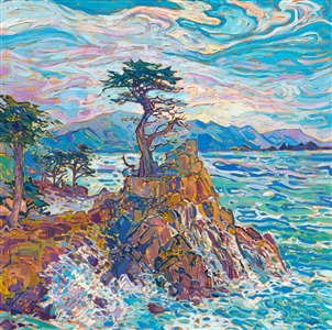 Hide tide brings splashing waves against the rocky cliffs of Carmel's Lone Cypress. Swirling skies of turquoise and gray are reflected in the swirling waters below. Each brushs stroke is loose and expressive, capturing the movement of the scene.

"Cypress Water" is an original oil painting on stretched canvas.