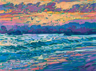 Luscious, almost edible strokes of oil paint capture the brilliant colors of a sunset off the California coast near Santa Barbara. 

"Sunset in Reflection" is an original oil painting on linen board, done in Erin Hanson's signature Open Impressionism style. The piece arrives framed in a wide, mock floater frame finished in black with gold edging.

This piece will be displayed in Erin Hanson's annual <i><a href="https://www.erinhanson.com/Event/petiteshow2023">Petite Show</i></a> in McMinnville, Oregon. This painting is available for purchase now, and the piece will ship after the show on November 11, 2023. 