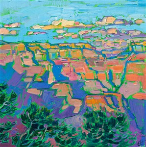 This painting of the Grand Canyon captures the sherbet colors you see sometimes at dawn. This Grand Canyon sunrise painting is alive with impressionistic brushstrokes and expressive color.