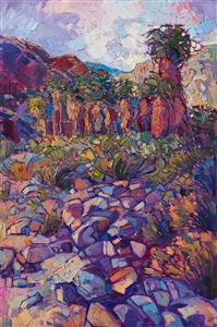 This abstract desert landscape painting has a contemporary blend of impressionism and expressionism, in a modern style dubbed Open Impressionism, by Erin Hanson.  The California desert is full of beautiful color and transient light in the early dawn.  The brush strokes are loose and full of motion, creating a tapestry of color and texture across the canvas.
