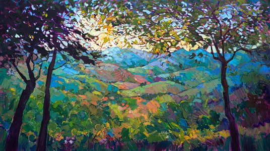 The rolling hills of California wine country are caught in scintillating detail and framed by prismatic oaks in this modern-day impressionistic masterpiece. The California colors were alive and vibrant during a bright summer dawn. 
