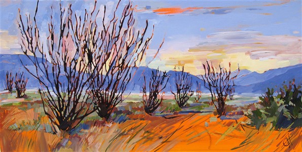 Hot cadmium orange burns through the sand in this oil painting of Joshua Tree National Park.