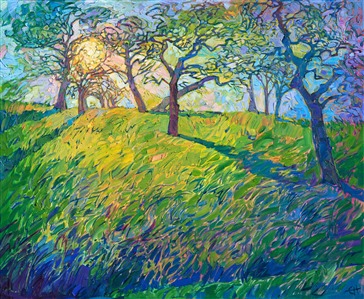 The coastal mists in Paso Robles, California, create beautiful light patterns among the oak trees in the early morning.  The sun, still low on the horizon, casts long rays of refracted color across the landscape, transforming the hillside into a rainbow medley of color.  The brush strokes in this painting are loose and impressionistic, capturing the movement of transient light.

This painting was done on 1-1/2" canvas, with the painting continued around the edges of the canvas.  The piece arrives framed and ready to hang.