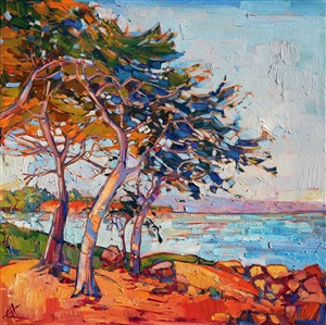 The beautiful cypress trees of Monterey light up in sherbet hues in the early dawn light. California hues of lavender and green light up this California impressionist painting.