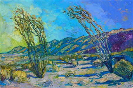 This painting exhibited at the Cowgirl Up! Desert Caballeros Western Museum, in the spring of 2017.

This painting captures everything I love about the desert: unexpected color, swiftly changing light, and rainbow-hued mountains.  When I love a landscape I am painting, the brush strokes come fast and sure, capturing the vibrancy and motion that I feel when I am out-of-doors.  

This painting was done on 1-1/2" deep canvas, with the painting continued around the sides for a finished look.  It can be hung un-framed or in a floater frame.