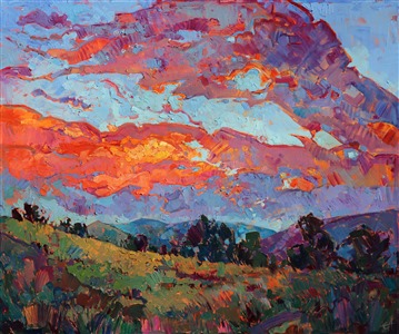 This painting captures one of those beautiful moments of sunset that stick in your mind and seem to never translate to a photograph. The bold brush strokes move with the light, adding energy and life to the painting. The last colors of sunset glimmer on the canvas before sinking into hues of purple and midnight.