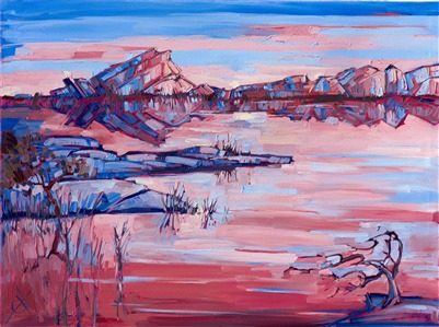 One of Hanson's early paintings of Joshua Tree National Park, this piece captures the still water and reflections of Barker Dam.  The brush strokes are extra wide and thickly applied, as the artist experiements with how loose she can make her strokes while still capturing the essense of the landscape.

This painting was done on 1-1/2" canvas, with the painting continued around the edges. The painting is framed in a gold leaf floater frame to complement the colors in the piece. 

This painting was included in the exhibition <i><a href="https://www.erinhanson.com/Event/ContemporaryImpressionismatGoddardCenter" target="_blank">Open Impressionism: The Works of Erin Hanson</i></a>, a 10-year retrospective and study of the development of Open Impressionism at The Goddard Center in Ardmore, OK. 