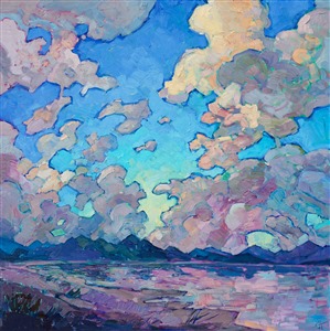 Expressive clouds dance above the horizon, spilling their color into the reflective pool of water below. The brush strokes are thick and impressionistic, capturing the motion and vibrancy of the wide outdoors.

This painting was done on 1-1/2" deep canvas with the painting continued around the edges for a finished look. The painting arrives framed and ready to hang.