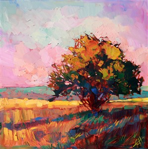 The last northwest light hits this lone oak tree, bursting into an entire spectrum of beautiful colors. The brush strokes in this painting are loose and confident, building up a thick texture that adds to the movement of the painting.