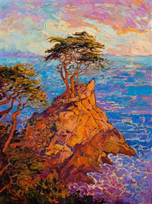Lone Cypress stands on a rocky outcropping on the 17-mile drive in Pebble Beach, California.  The brush strokes in this painting are loose and impressionistic, communicating the movement and fresh air of the outdoors. Lone Cypress draws me to paint it again and again, I love the unique shape of the wind-sculpted branches against the rich colors of the ocean.

This painting was created on 1-1/2"-deep canvas, with the painting continued around the edges.  It has been framed in a gold leaf floater frame, and it arrives wired and ready to hang.