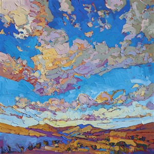 Driving north on the 15 highway, towards Nevada, takes you on a tour of California's stark open desert, distant buttes rising in the distance, and nothing but the wide open sky overhead. The brush strokes in this painting are loose and impressionistic, creating a mosaic of color and texture.
