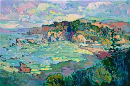 Long shadows of dawn stretch over the ocean waters of Northern California. The sea is multi-colored in hues of aqua and lavender, while the warm yellow light of morning glints over the landscape. The brush strokes in this painting are loose and impressionistic, alive with color and motion.

"Dawning Shadows" was created on 1-1/2" canvas, with the painting continued around the edges. The piece arrives framed in a contemporary gold floater frame.
