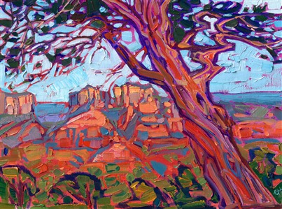 Sedona, Arizona, is captured in vivid hues of orange and green. An ancient pine with swirling bark stands before the distant red rock cliffs. The loose brush strokes and thickly applied oil paint add dimension and texture to the painting. 

"Sedona Pine" was created on fine linen board. The piece arrives framed in a plein air frame, ready to hang.