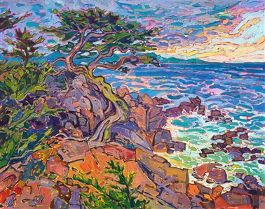 Iconic Monterey cypress trees lines the rocky banks of Carmel and Pebble Beach in California. This impressionist painting captures the beautiful colors of the coastal waters and rugged coastline. Each brush stroke is thickly applied, without layering, creating a mosaic of texture and color across the canvas.

"Cypress Cliff" is an original oil painting on stretched canvas. The piece arrives framed in a custom-made, gold floater frame, ready to hang.
