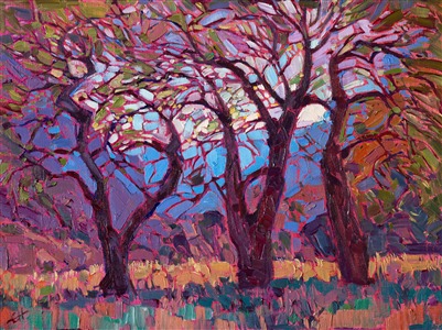 Crystalline color glitters through this grove of cottonwood trees in Canyon de Chelly, Arizona.  The abstract shapes of the criss-crossing leaves and branches create brilliant pattersn of light and color on the canvas.

This small oil painting was created on canvas-wrapped board.  It has been framed in a traditional plein air frame, and it arrives ready to hang.