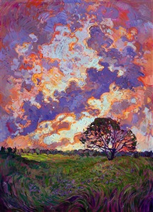Lively brush strokes and vibrant color move you through this dramatic skyscape.  Striving to capture the drama in the landscape and inspire others, Hanson uses all the tools at her disposal: varying texture, exciting contrasts, unexpected color, and a mosaic technique of application.  The overall effect of the painting is to create an emotional impact.