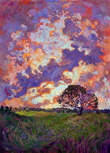 Lively brush strokes and vibrant color move you through this dramatic skyscape.  Striving to capture the drama in the landscape and inspire others, Hanson uses all the tools at her disposal: varying texture, exciting contrasts, unexpected color, and a mosaic technique of application.  The overall effect of the painting is to create an emotional impact.