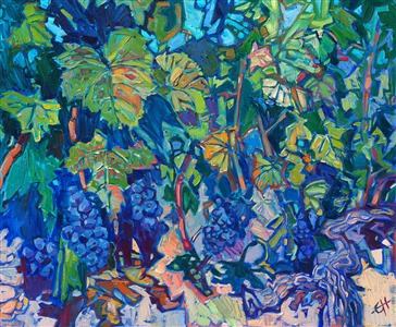 This painting captures the detail of a hundred-year-old grapevine in Paso Robles wine country. The stained-glass quality of light is captured with contrasting shades of vibrant color.

"On the Vine" is an original oil painting by Erin Hanson, painted on stretched canvas. The piece arrives framed in a gold floater frame, ready to hang.

<b>Please note:</b> This painting will be hanging in a museum exhibition until November 5th, 2023. This piece is included in the show <i><a href="https://www.erinhanson.com/Event/ErinHansonatBoneCreekMuseum">Erin Hanson: Color on the Vine</i></a> at the Bone Creek Museum of Agrarian Art in Nebraska. You may purchase the painting now, but you will not receive the painting until after the show ends in November 2023.