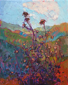 Summer thistles still gleam with color in this painting of central California wine country.  Layers of color form the distant hillsides that stretch towards the horizon.

This painting was created on 3/4" canvas and arrives framed in a classic gold frame, ready to hang.

