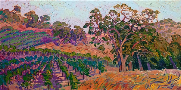 Napa vineyards and oak trees are depicted here in colors of summer, with vivid, warm hues of rust and amber. The brush strokes are thick and impressionistic, capturing the movement and life of the scene.

"Napa Summer" was created on 1-1/2" canvas, with the painting continued around the edges. The piece arrives framed in a contemporary gold floater frame.