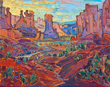 Arches National Park is painted in the beautiful hues of the desert at sunrise: buttery oranges against rich purples and turquoise. The brush strokes in this painting are loose and expressive, capturing the beauty of nature with separated brush strokes that accentuate the light of the desert.

"Arches Summer" is an original oil painting created in Erin Hanson's impasto style of Open Impressionism. The piece arrives framed in a "mock floater" black and gold plein air frame.
