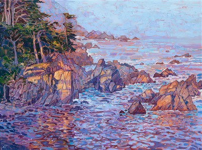Early morning brings a glow of color over the Carmel coastline. The rocky waters reflect the lavender and opal colors of a misty dawn. Each impressionistic brushstroke adds texture and motion to the overall composition of the piece.

"Carmel Dawn" was created on 1-1/2" canvas, with the painting continued around the edges. The piece arrives framed in a 23K gold floater frame.