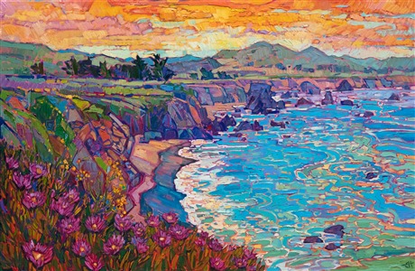 Bodega Bay is captured in rich, saturated colors and impasto brush strokes. The ocean waters reflect the sunset sky above, swirling with color between the waves. This painting arrives framed in a contemporary gold floater frame.
