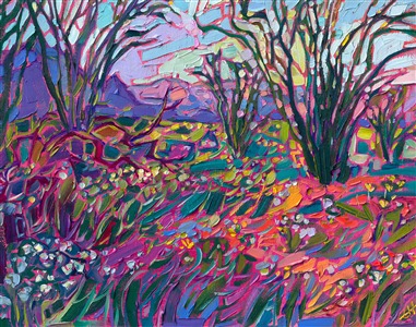 Borrego Springs during a super bloom is one of the most beautiful sights in California, drawing crowds from all over the world to view the abundant and colorful desert blooms. This painting re-captures the super bloom from a few years ago.

"Ocotillo in Spring" is an original oil painting created on linen board. The piece arrives framed in a black and gold plein air frame.