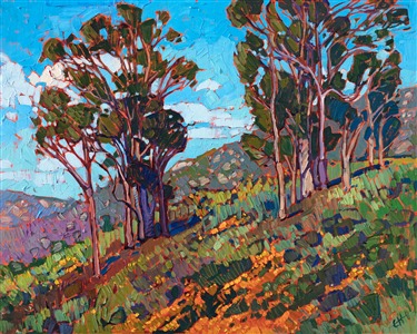 A burst of orange wildflowers nestles between the spring grass beneath a grove of eucalyptus trees in San Diego county. The brush strokes are alive, full of motion and texture, capturing the vivid beauty of the outdoors.

This painting was created on linen board, and it arrives ready to hang in a custom-made frame.