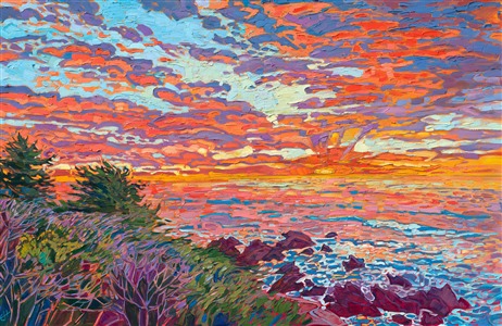 Sunset colors of brilliant orange and yellow burst over this coastal landscape, inspired by the Monterey peninsula. Thick brush strokes of impasto oil paint capture the movement and vibrant colors of the scene.

"Sunset Fire" was created on 1-1/2" canvas, with the painting continued around the edges. The piece arrives framed in a contemporary gold floater frame.