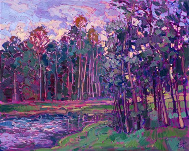 The Woodlands has many beautiful lakes and ponds, nestled between groves of impossibly tall pine trees. This painting captures the incipient colors of dusk in rich purples and viridian greens.  The brush strokes are thick and expressive with color and texture.

This painting was created on 1-1/2" deep canvas, with the painting continued around the edges. The painting is framed in a gold floater frame with black sides. It arrives wired and ready to hang.