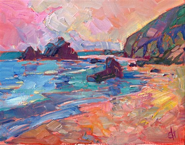 Peach colored light casts its hue across this rocky beach of central California.  The brush strokes in this painting are loose and impressionistic, full of color and motion.

This small oil painting arrives framed and ready to hang.