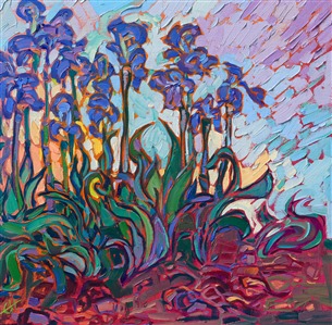 A row of purple irises grows every year next to my house, and I am always drawn to their rich colors. I love the signature pale green of the leaves against the reddish earth. I have always been inspired by Monet and van Gogh, and this painting captures the beauty in nature they saw as well.

"Purple Irises" is an original oil painting on linen board. The piece arrives framed in a black and gold frame, ready to hang.

This piece will be displayed in Erin Hanson's annual <i><a href="https://www.erinhanson.com/Event/petiteshow2023">Petite Show</i></a> in McMinnville, Oregon. This painting is available for purchase now, and the piece will ship after the show on November 11, 2023.