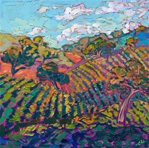 Paso Robles is, in my opinion, the most beautiful wine country America has to offer. The vineyards are planted on rolling hills, interspersed with ancient oak trees and winding country roads. This painting captures the beauty of California wine country with thick, impressionistic brushstrokes and expressive color.

"Vineyard Hill" is an original oil painting on linen board, done in Erin Hanson's signature Open Impressionism style. The piece arrives framed in a wide, mock floater frame finished in black with gold edging.

This piece will be displayed in Erin Hanson's annual <i><a href="https://www.erinhanson.com/Event/petiteshow2023">Petite Show</i></a> in McMinnville, Oregon. This painting is available for purchase now, and the piece will ship after the show on November 11, 2023.