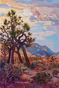 Joshua Tree National Park is a must-visit for anyone who loves the California desert. The joshua tree desert stretches as far as you can see in every direction, intermingled with rounded granite boulders forming unique shapes and cracks for climbers. This painting captures a summer afternoon fading into sunset.

"Joshua Clouds" was created on 1-1/2" canvas, with the painting continued around the edges. The piece has been framed in a custom-made, gold floater frame.