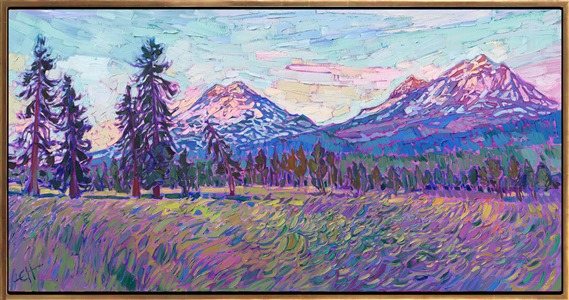 Oregon's Cascade mountain range is famous for its Three Sisters peaks, which can be seen from Bend to Sisters, Oregon. This painting captures the soft dawn light on a clear summer morning in June. The thickly applied, impressionistic brush strokes capture the transient light of the scene.

"Three Sisters" is an original oil painting created on stretched canvas. The piece arrives framed in a wooden floating frame finished with a burnished 23kt gold face and dark, pebbled sides.