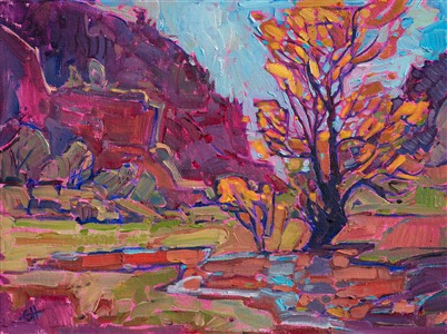 This painting of Hop Valley, a day's hike from Kolob Canyon, captures the beauty and peace of Zion's high plateaus.  This petite painting captures the grandeur of the scene with a few impressionistic brush strokes.  This painting was done on canvas board, and it has been framed in a hand-carved, plein air frame.


This painting is hanging in the <i><a href="https://www.erinhanson.com/Event/ErinHansonZionMuseum" target="_blank">Impressions of Zion</a></i> exhibition, and this piece is available for viewing at the Zion Art Museum, in Springdale, UT. The exhibition dates are June 9th - August 27th, 2017.  All sold paintings will be shipped after the exhibition closes at the end of August.