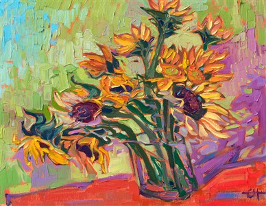 The huge and stately sunflower plant grows abundantly in Oregon's lush Willamette Valley. This year I gathered blossoms to paint, in homage to one of my favorite artists, van Gogh.

"Sunflowers Vase" is an original oil painting on linen board. The petite painting arrives framed in a black and gold plein air frame, ready to hang.
