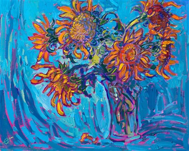 This year I grew my own sunflower garden, and I tested out a dozen different varieties of heirloom blooms. This is my first painting of the sunflower harvest this year.

"Sunflowers on Turquoise" is an original oil painting on linen board, done in Erin Hanson's signature Open Impressionism style. The piece arrives framed in a wide, mock floater frame finished in black with gold edging.

This piece will be displayed in Erin Hanson's annual <i><a href="https://www.erinhanson.com/Event/petiteshow2023">Petite Show</i></a> in McMinnville, Oregon. This painting is available for purchase now, and the piece will ship after the show on November 11, 2023. 