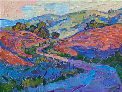 Winding hills of Paso Robles are captured in small brush strokes on this petite canvas. The painting brings to life the beautiful light of early morning in California's wine country region.