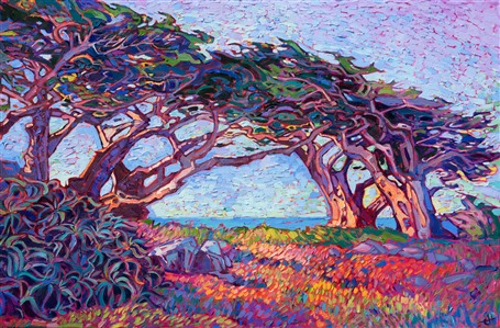 Colorful hues of early dawn sparkle on this painting of cypress trees found along 17 Mile Drive in Pebble Beach, California. The thick, impasto brushstrokes are loose and impressionistic, conveying a sense of movement and brilliance to the painting.

"Cypress Lights" was created on 1-1/2" canvas, with the painting continued around the edges of the canvas. The piece is framed in a 23kt gold leaf floater frame.